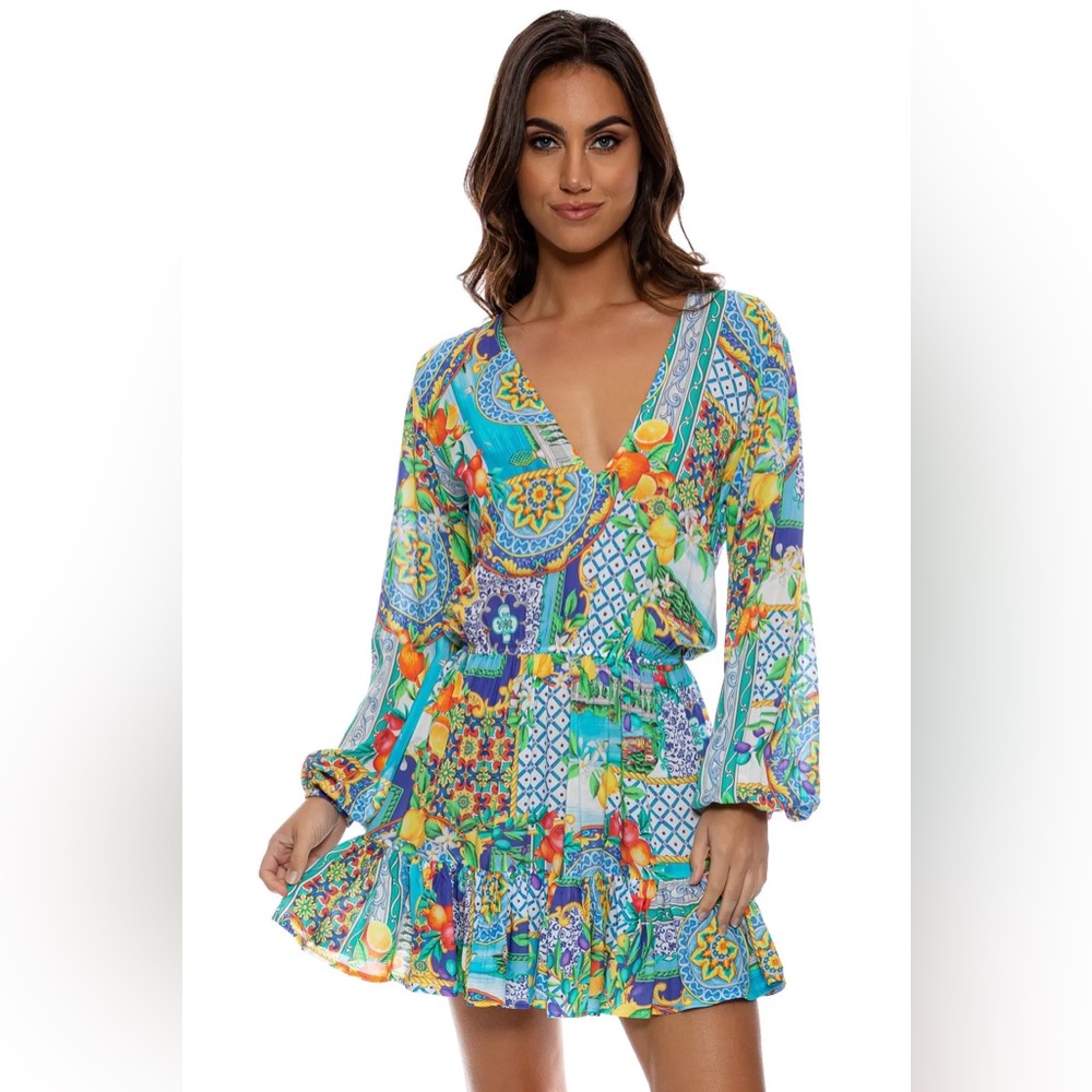 LULI FAMA AMALFI DEEP V FRILL HEM DRESS, SIZE SMALL